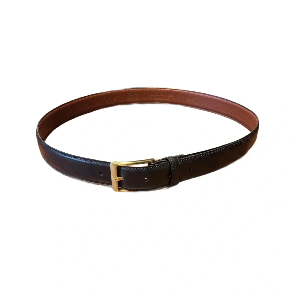 Men's Black Leather Belt with Gold Buckle